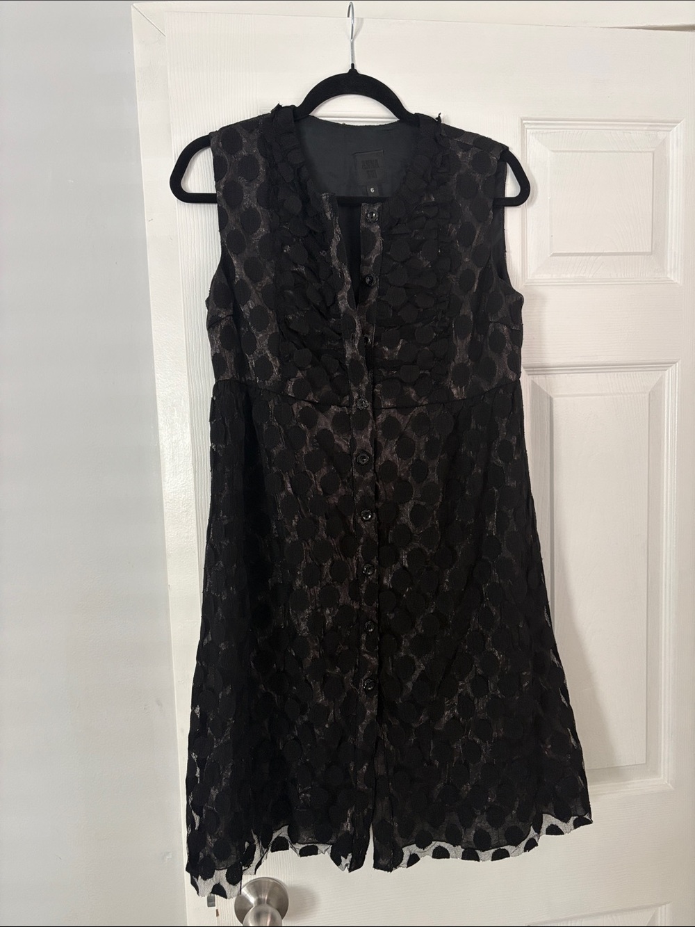 Anna Sui Black Sleeveless Dot-Textured A-Line Dress Lace 6